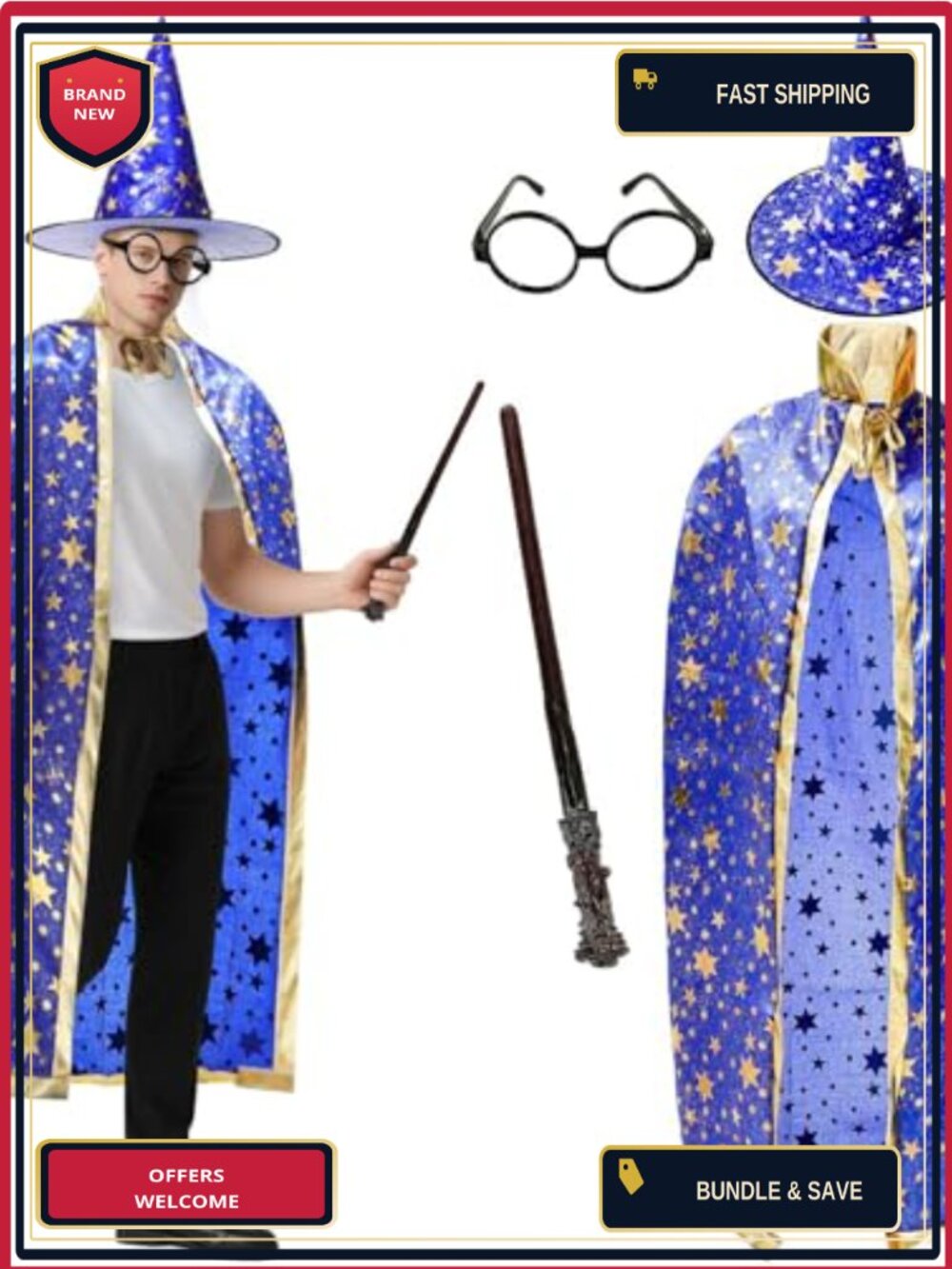 4 Pack Adult Wizard Costume Set: Cape, Hat, Wand, Round Glasses - Halloween